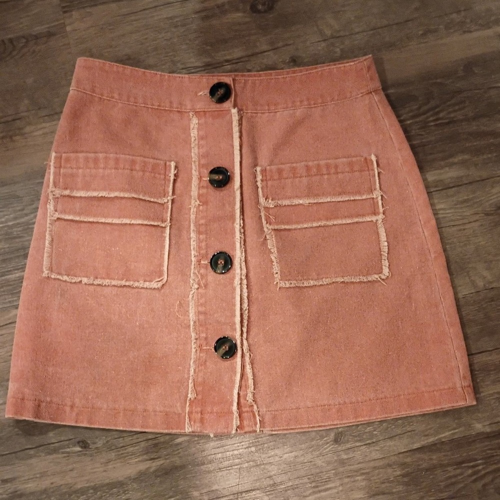 Honey Belle Terracotta Cotton Button Front Mini Skirt Frayed Pockets 7IS4448RB S